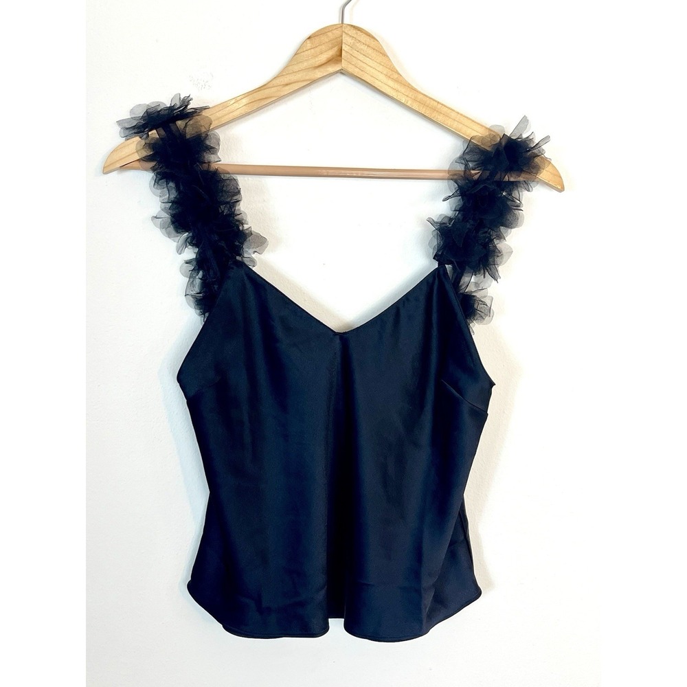 FOR LOVE & LEMONS Satin Tulle Ruffle Strap‎ Lounge Pajama Cami V-Neck Black XS